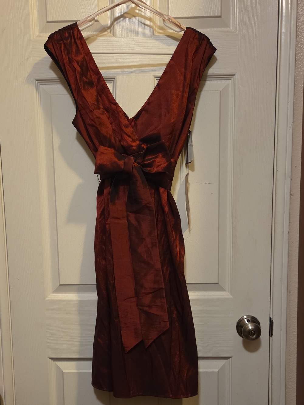 Roulette Deep Rust Red Satin Midi Dress with Waist Bow
